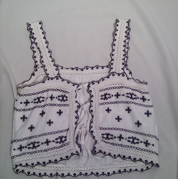 Embroidered Hippie White Black Women's Summer Crop Tie Chest Top - Picture 4 of 7